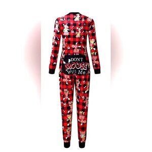 🎄NEW Moose Christmas "Don't moose with me" One Piece Pajama's Red Black Plaid S